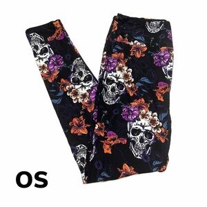 LuLaRoe Black Leggings with Purple and Orange Floral Skull Design